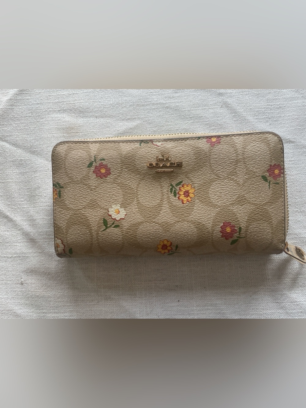 Coach Beige Signature Floral Zip Wallet